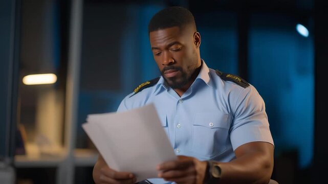 Officer reviewing case files of repeat offenders in a dimly lit office, showing regret and contemplation, symbolizing empathy, responsibility, and the emotional impact of justice decisions.