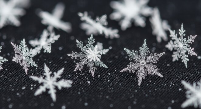 Macro photo of natural snowflakes on a dark textured background. The detailed ice crystals create a beautiful winter pattern. Ideal for holiday web banners or science articles.