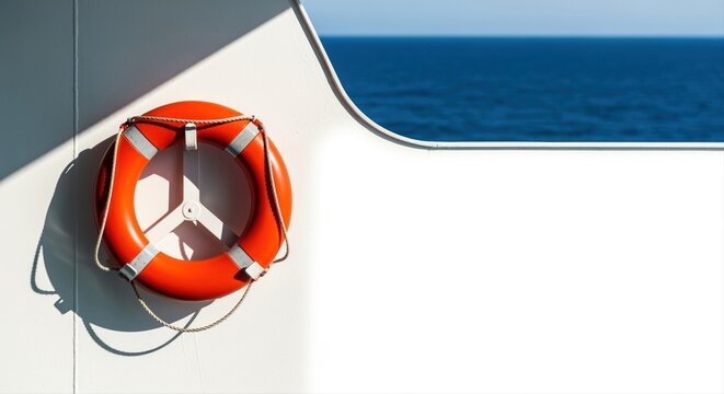 life preserver ring on ferry deck against calm blue ocean under sunny skies