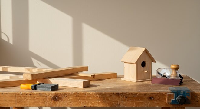 sunlit carpentry table with unfinished birdhouse project and woodworking tools