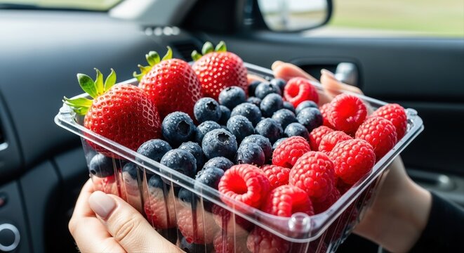 closeup of hands holding fresh mixed berries in a car interior under natural light