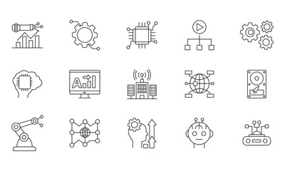 AI Analytics Icon Set. Artificial Intelligence, Data Science, Machine Learning, Cloud, Automation Symbol