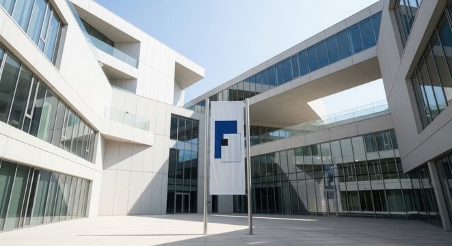 Modern Architecture with Logo Banner at Business Park for Corporate Websites, Real Estate Marketing, and Architectural Design Presentations