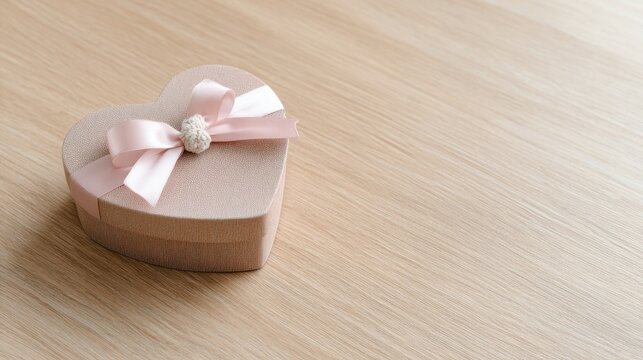 Valentines day heart shaped red gift with white bow on beige background. Top view. Greeting card. - Powered by Adobe