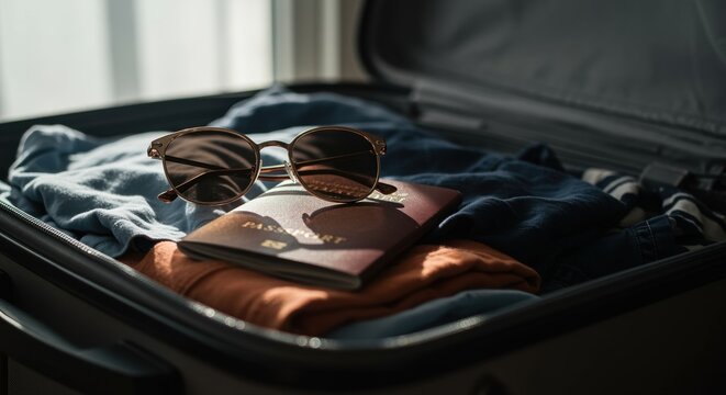 open suitcase with sunglasses and passport ready for summer vacation in sunlit room