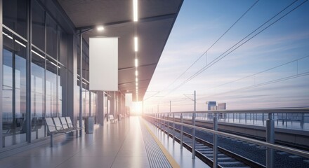 Obraz premium Modern train station with empty billboard on platform for advert placement, modern train station platform is perfect for advertising. Train station mock up for campaign.