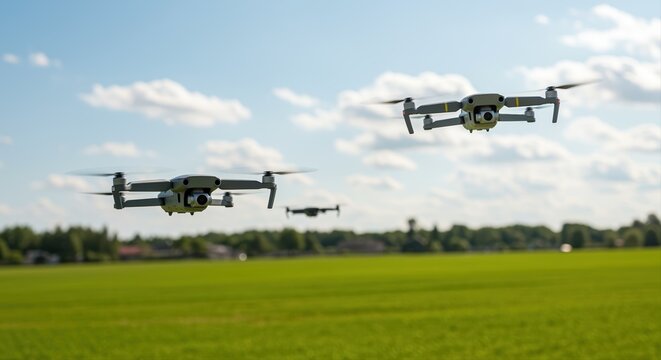 drones flying over green field on a sunny day showcasing modern aerial technology