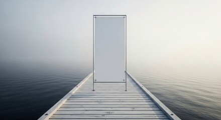 Empty billboard over misty lake with pier creates mysterious atmosphere, as empty billboard stands on misty lake. The mysteriousness of empty billboard highlights solitude and reflection.