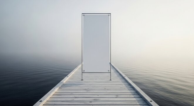 Empty billboard over misty lake with pier creates mysterious atmosphere, as empty billboard stands on misty lake. The mysteriousness of empty billboard highlights solitude and reflection.