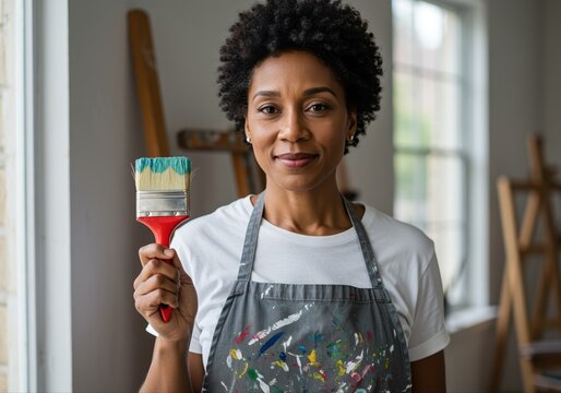 confident afro-american woman artist holding paintbrush standing in bright art studio