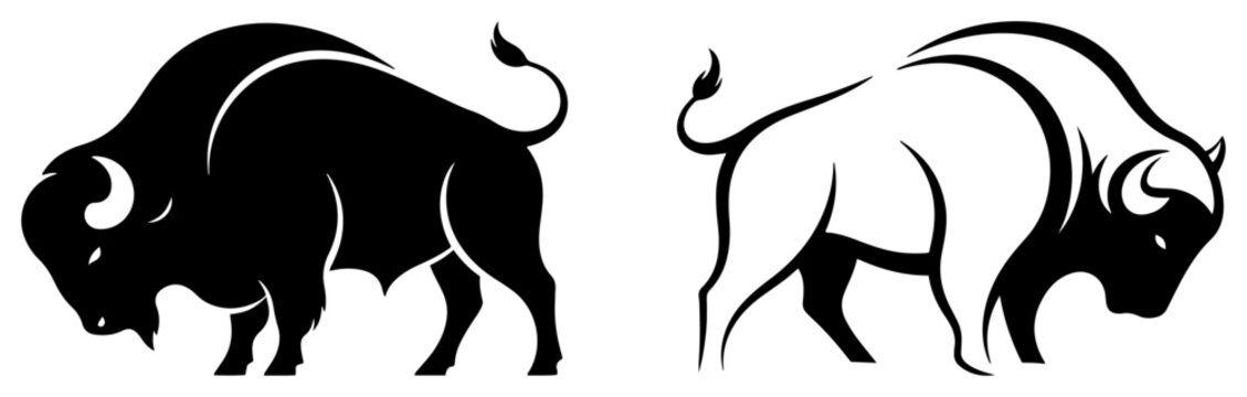 Bison and Buffalo Silhouette and Stylized Logo. American Wild Animal Vector Icon.