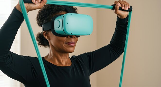 afro-american woman using vr headset and resistance bands during home fitness exercise