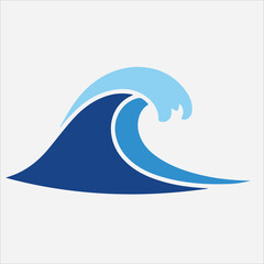Graphic illustration of a stylized blue ocean wave with white outline on a clean white background.
