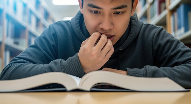 focused young asian man reading a book intently in a quiet library environment