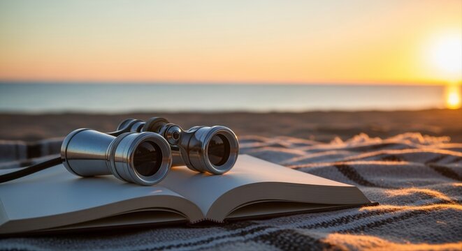 sunset view with binoculars on a book over a blanket at the beach reflecting tranquility