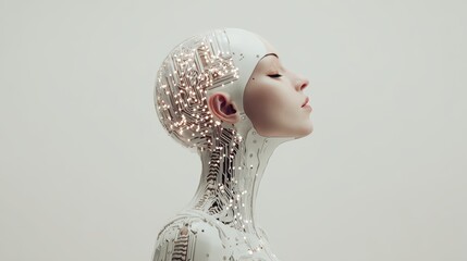 Graceful Cybernetic Woman Profile With Circuitry Head And Neck Emblem Of Futuristic Technology