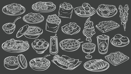 Hong Kong Street Food Set outline style with traditional dishes and drinks: egg tarts, bubble waffles, dim sum, milk tea, rice noodles, and desserts. Chalk vector illustration for menu or packaging.
