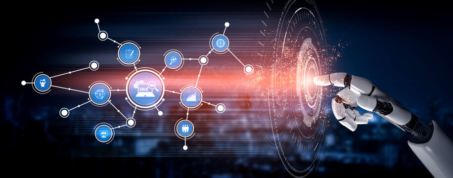 A robotic hand reaches out to engage with digital data elements, symbolizing the intersection of technology and human interaction in a modern urban landscape. Tessel