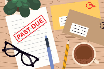 overdue bills and unpaid invoices concept; personal finance, budgeting, financial problems, payment delays- vector illustration