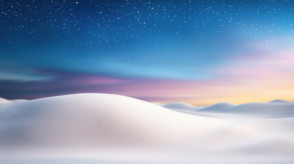 A large drift of white snow is in the foreground. A starry sky is in the background