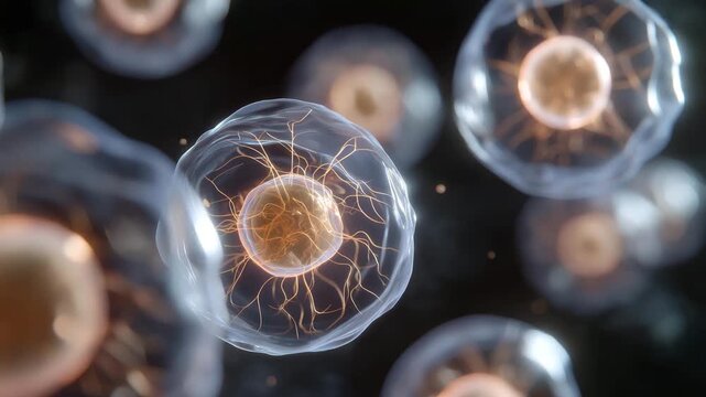 Scientific visualization of transparent multicellular structures with detailed nucleus and filamentous networks, symbolizing molecular medicine, biomedical research, and genetic architecture