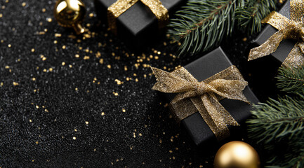 Escena navideña lujosa en negro y dorado, evocando sofisticación, exclusividad y celebración festiva contemporánea.Cajas negras con lazos dorados sobre superficie brillante, rodeadas de ramas verdes.