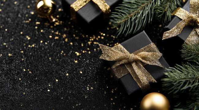 Escena navide&ntilde;a lujosa en negro y dorado, evocando sofisticaci&oacute;n, exclusividad y celebraci&oacute;n festiva contempor&aacute;nea.Cajas negras con lazos dorados sobre superficie brillante, rodeadas de ramas verdes.