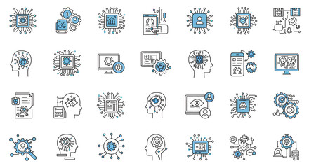 Modern AI technology icons showcasing machine learning concepts and neural networks for data analytics and automation systems in light blue and white color palette