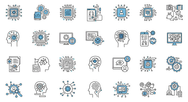 Modern AI technology icons showcasing machine learning concepts and neural networks for data analytics and automation systems in light blue and white color palette