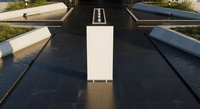 Blank pull-up banner display stands prominently at modern entrance. This pull-up banner display is perfect for advertising or trade shows, blending seamlessly with clean architectural lines,