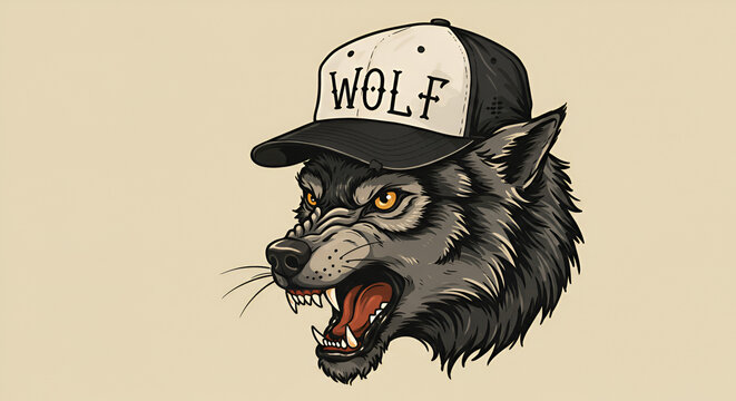 Cool wolf with a baseball cap snarling, a modern mascot design perfect for edgy brands, showcasing animal power and urban style for impactful visuals