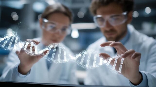 Scientists in sleek biotechnology lab manipulating holographic DNA models projected above advanced sequencing machines, symbolizing future medicine, genetic engineering, and breakthrough biomedical