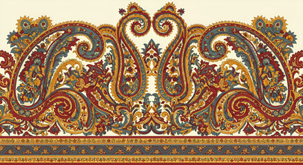 Elegant ornamental border with paisley pattern for fabric design and textile prints, a vibrant and traditional motif with intricate floral details