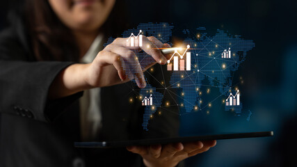 Visualization of global economic growth and stock market data. Financial chart analysis shows international business performance and investment opportunities in the world market. Fermion