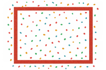 Red glitter frame with scattered colorful confetti on transparent background celebrating party themes