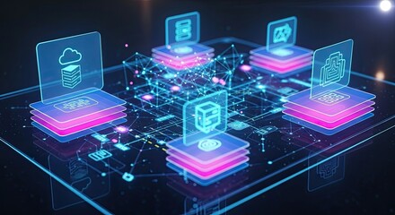 Explore dynamic cloud computing network architecture with vibrant digital interface, perfect for modern tech solutions and innovative business strategies