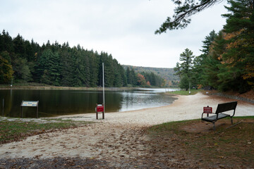 man made lake in a park  with a bench and small sand beach in the middle of a tree filled forest landscape in a rural location