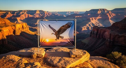 Dramatic Grand Canyon scene with eagle image on screen, capturing majestic landscape with sunlight. This Grand Canyon art blends technology and nature,