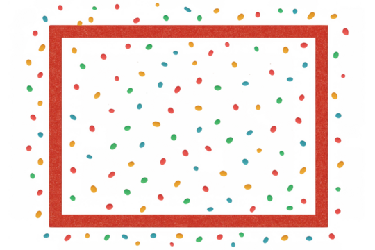 Red glitter frame with scattered colorful confetti on transparent background celebrating party themes