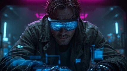 Focused Man in Futuristic Vr Goggles Working on a Holographic Interface in a Neon lit Cyberpunk Setting - Powered by Adobe