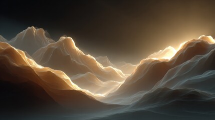 Golden Sunrise Over Abstract Mountain Range With Soft Glows and Dramatic Valleys