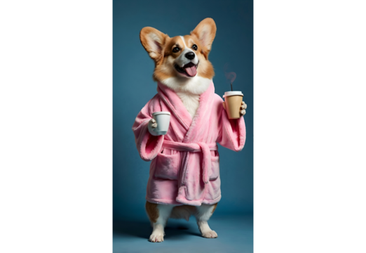 Adorable corgi dressed in fluffy bathrobe drinking two coffee cup
Cozy corgi dog enjoying hot drink in pink robe isolated on blue
Happy corgi pet holding cup of coffee and smiling in bathrobe