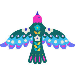 Stylized Folk Art Bird Illustration With Floral Patterns And Geometric Shapes In Teal Blue Pink And Yellow On A Transparent Background