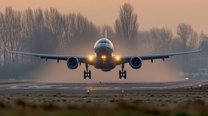 White passenger airliner take off airport runway at winter