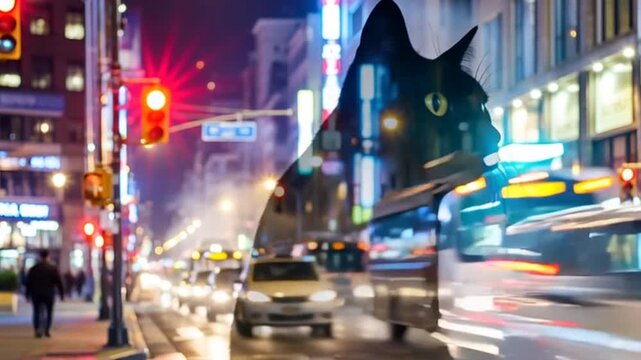 Urban Cat Dreams A black cat silhouette filled with city lights creates a mesmerizing and surreal scene perfect for creative projects and captivating visuals under a night sky