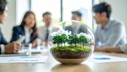 Sustainability innovation meeting concept with miniature forest in glass sphere on business table symbolizing eco-friendly strategies, global responsibility and green economy vision