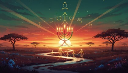 Symbolic digital illustration of Kwanzaa spirit showing kinara and unity over African savanna sunset with glowing lights and cultural symbolism of harmony and hope