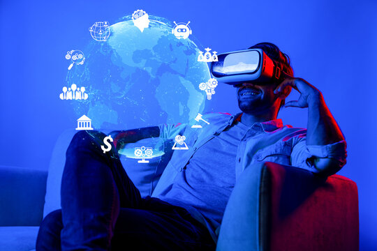 A young man experiences a thrilling moment in virtual reality, showcasing the blend of technology and entertainment while surrounded by vibrant digital graphics and icons. XDMCP