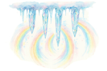 Fototapeta premium Winter fantasy watercolor art with icy crystals and sparkling icicles over soft pastel rainbows, transparent background