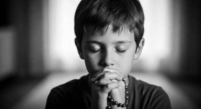 Serene young child, eyes gently closed, clasped hands reverently holding sacred rosary beads, finding inner peace during a moment of profound spiritual reflection.